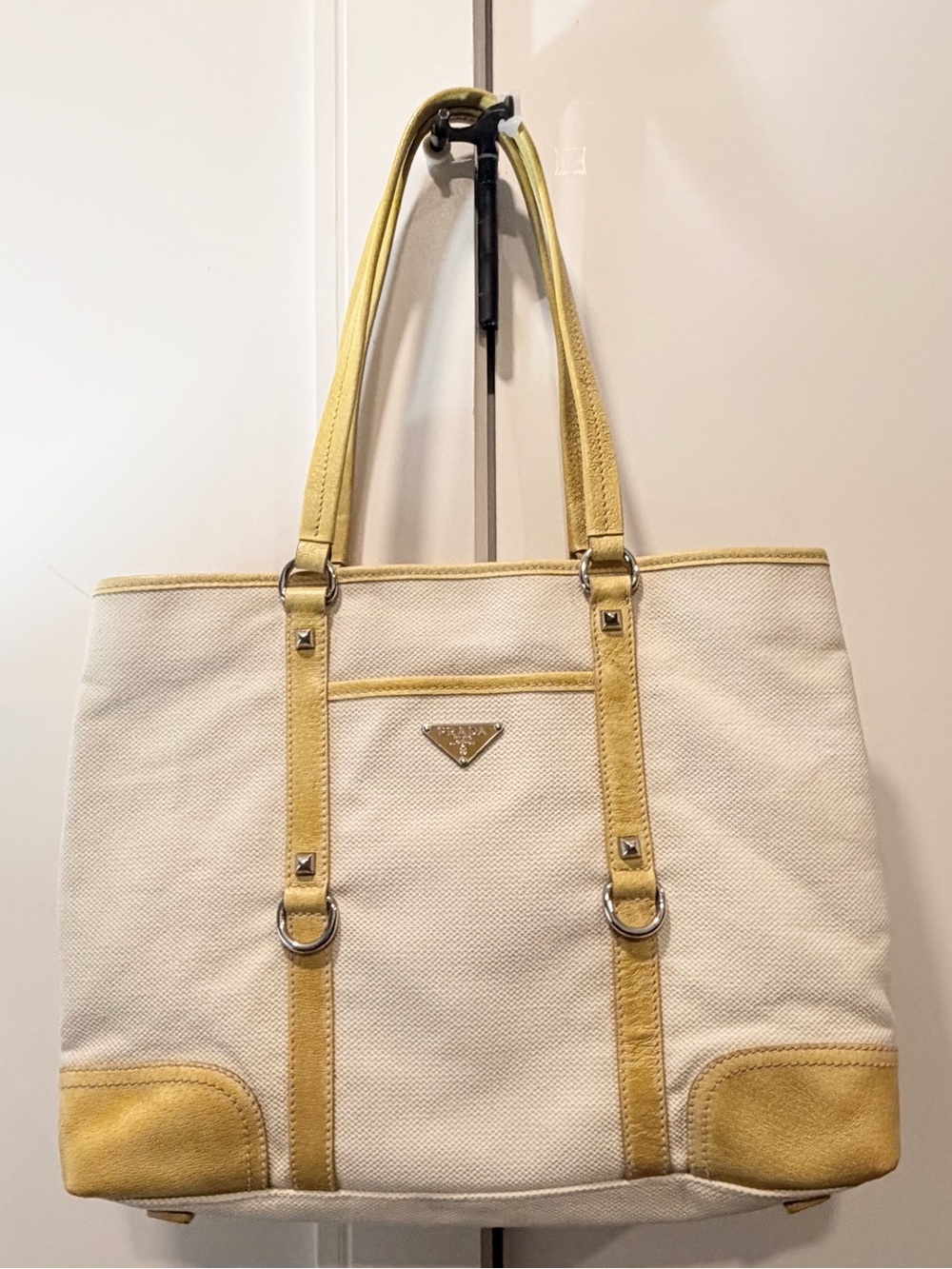 Prada Canapa Canvas Tote Bag with Yellow Leather Handles and Trim with COA